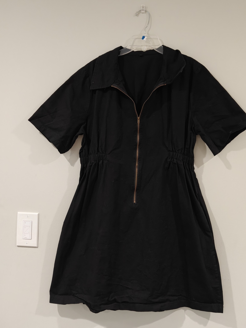 Black Short-Sleeve Zip-Front Women's Dress